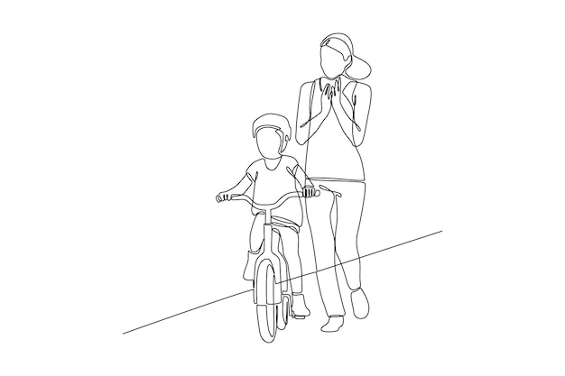 Dibujo continuo de una línea Padres felices con su hijo montando en bicicleta juntos Ilustración vectorial