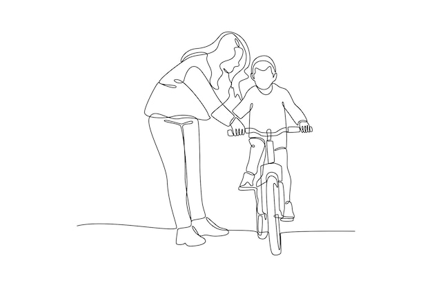 Dibujo continuo de una línea Padres felices con su hijo montando en bicicleta juntos Ilustración vectorial