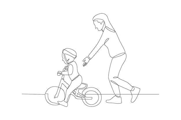Dibujo continuo de una línea Padres felices con su hijo montando en bicicleta juntos Ilustración vectorial