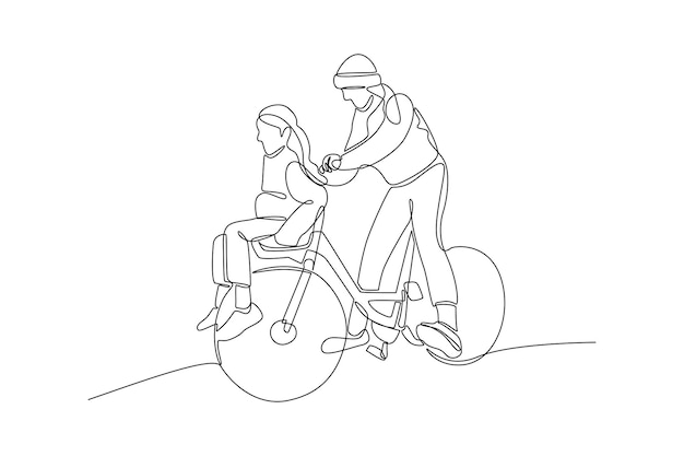 Dibujo continuo de una línea Padres felices con su hijo montando en bicicleta juntos Ilustración vectorial