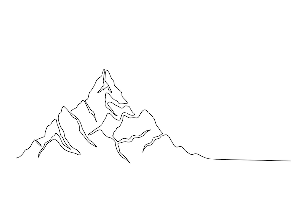 Dibujo continuo de una línea del paisaje de montaña Diseño de vector de dibujo lineal de pico de montajes altos Concepto de turismo y senderismo de deportes de invierno de aventura Diseño de paisaje de cordillera de línea simple