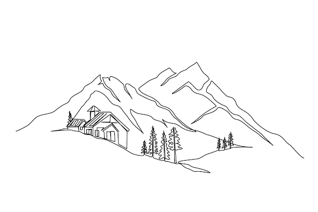 Dibujo continuo de una línea del paisaje de montaña Diseño de vector de dibujo lineal de pico de montajes altos Concepto de turismo y senderismo de deportes de invierno de aventura Diseño de paisaje de cordillera de línea simple
