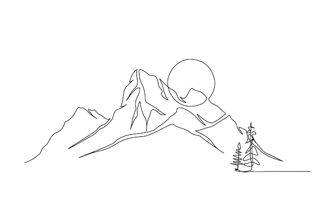 Dibujo continuo de una línea del paisaje montañoso con amanecer