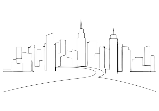 Dibujo continuo de una línea de un paisaje urbano minimalista