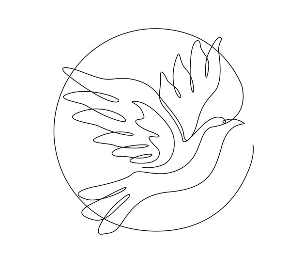 Vector dibujo continuo de una línea de pájaro volador en línea de círculo contorno de paloma pájaro minimalista