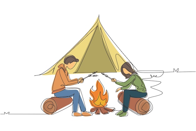 Un dibujo continuo de una línea pareja campamento de verano Hombre y mujer sentados junto a la chimenea en el vector de troncos.