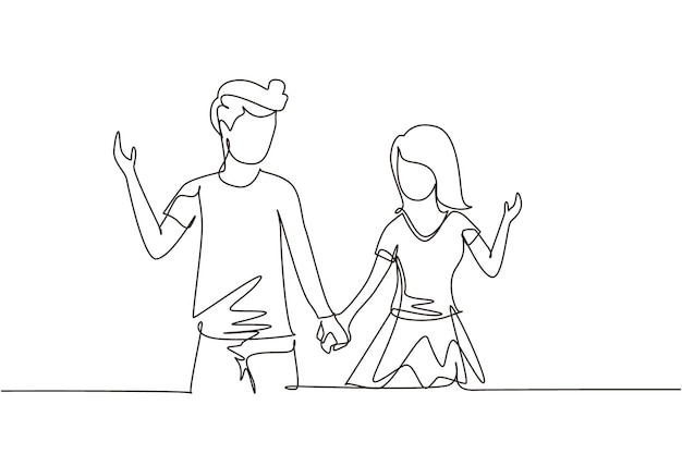 Un dibujo continuo de una línea de una pareja joven y linda enamorada mano a mano Una pareja romántica enamorada pasando tiempo juntos al aire libre Concepto de familia feliz Diseño de dibujo de línea única Ilustración gráfica vectorial.