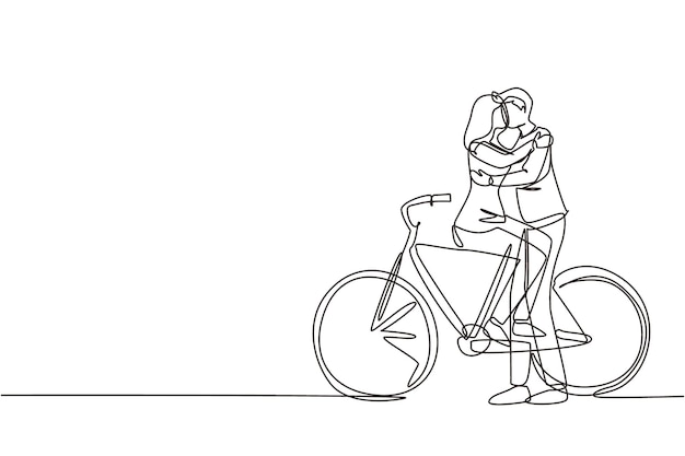 Un dibujo continuo de una línea de una pareja de jóvenes enamorados sentados en bicicleta y besándose al aire libre Relaciones humanas románticas historia de amor familia de recién casados en luna de miel viajando aventura Diseño de dibujo de una sola línea.