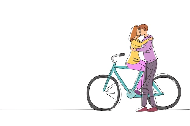 Vector un dibujo continuo de una línea de una pareja de jóvenes enamorados sentados en bicicleta y besándose al aire libre relaciones humanas románticas historia de amor familia de recién casados en luna de miel viajando aventura diseño de dibujo de una sola línea.