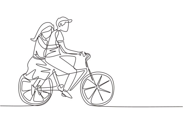 Dibujo continuo de una línea pareja romántica pareja feliz está montando bicicleta juntos concepto de familia feliz intimidad celebra aniversario de boda dibujo de línea única diseño vector ilustración gráfica.