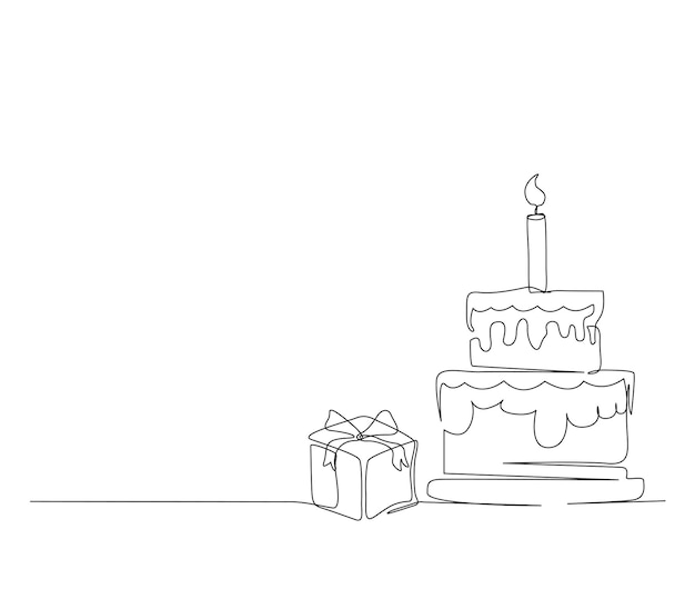 Vector dibujo continuo de una línea de pastel de cumpleaños con vector de caja presente