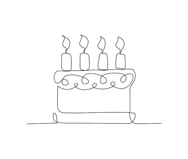 Dibujo continuo de una línea de pastel de cumpleaños con velas aniversario de fiesta y concepto de celebración minimalismo ilustración vectorial dibujada a mano