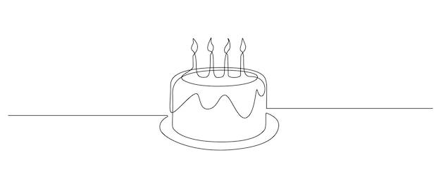 Dibujo continuo de una línea de pastel de cumpleaños con velas Símbolo de dulce celebración torta y pastelería concepto de icono de confitería en estilo lineal simple Trazo editable Doodle vector ilustración