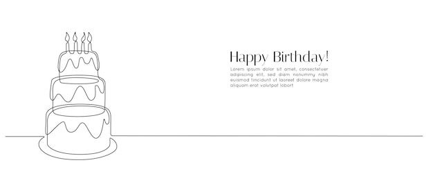Dibujo continuo de una línea de pastel de cumpleaños con velas Torta de celebración dulce y pastel con crema de azúcar en estilo lineal simple Trazo editable Doodle vector ilustración
