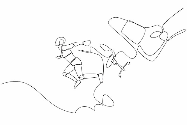 Dibujo continuo de una línea de un pequeño robot expulsado por un pie grande Robot expulsado de la silla