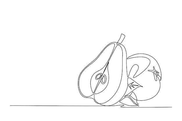 Dibujo continuo de una línea de pera sana en rodajas y entera orgánica para la identidad del logotipo del huerto Concepto de frutas de verano frescas para el icono del huerto Dibujo de línea única Ilustración gráfica vectorial de diseño