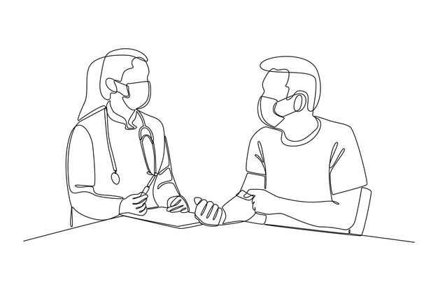 Dibujo continuo de una línea Personal médico consultando el concepto del paciente Doodle ilustración vectorial