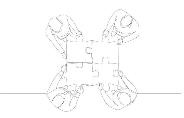 Dibujo continuo de una línea de personas de negocios que conectan rompecabezas trabajando juntos concepto
