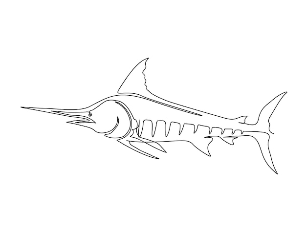 Dibujo continuo de una línea de pez marlin. Ilustración simple de vector de arte de línea de salto de pez marlin