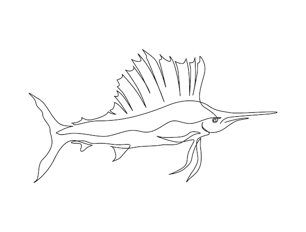 Dibujo continuo de una línea de pez marlin. Ilustración simple de vector de arte de línea de salto de pez marlin