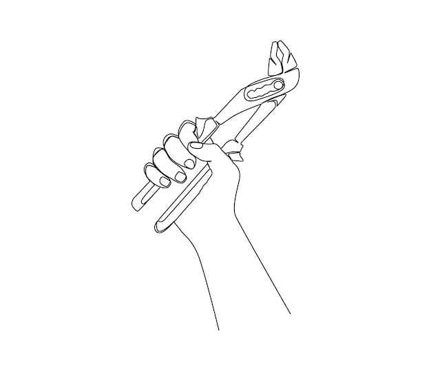 Dibujo continuo de una línea y pinzas de sujeción La mano del hombre sostiene una herramienta de carpintería diseño vectorial de arte de línea simple