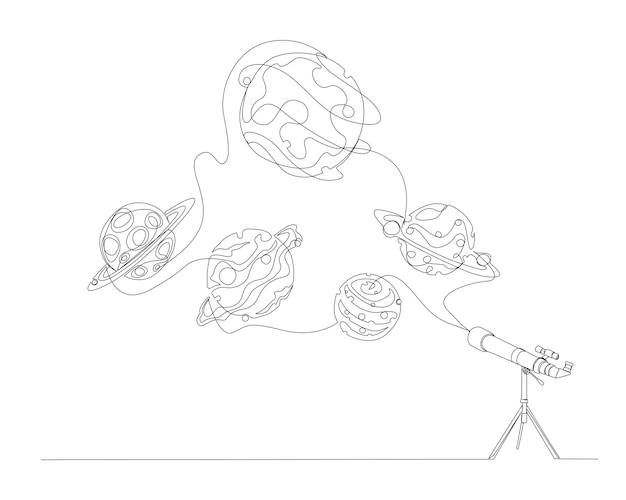 Dibujo continuo de una línea de planetas y asteroides del Telescopio