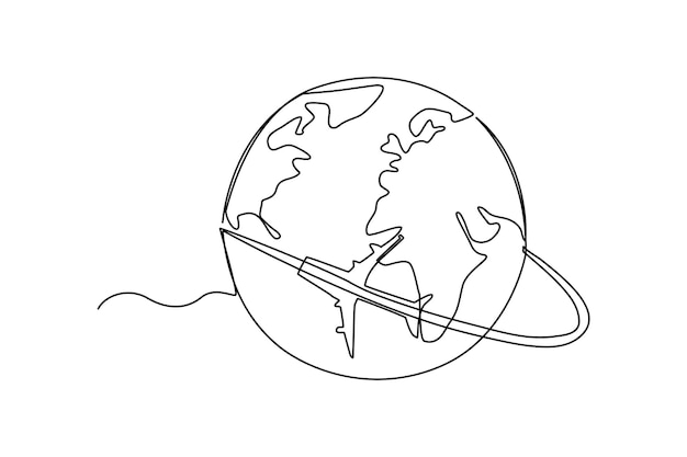 Vector dibujo continuo de una línea plano y globo concepto de viajero mundial diseño de dibujo de línea única ilustración gráfica vectorial