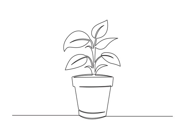 Dibujo continuo de una línea de una planta de la casa en una olla aislada en una ilustración vectorial de fondo blanco
