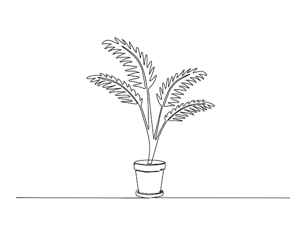 Dibujo continuo de una línea de una planta de palma en olla
