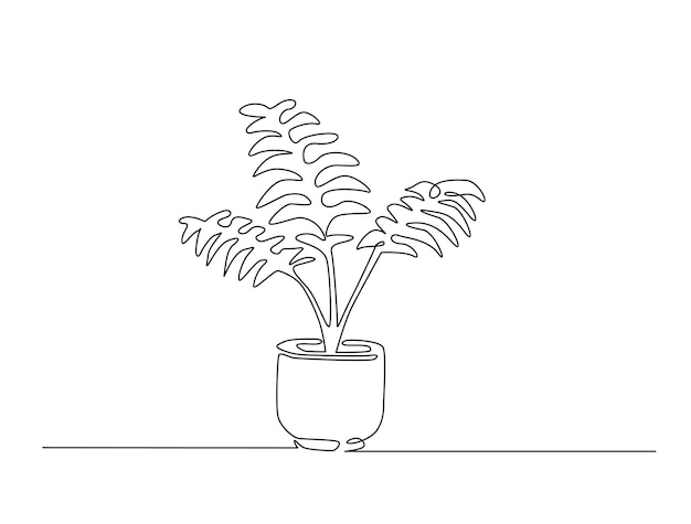 Dibujo continuo de una línea de una planta de palma en olla