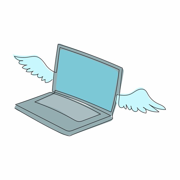 Dibujo continuo de una línea portátil volador con alas computadora portátil alada volando en el cielo