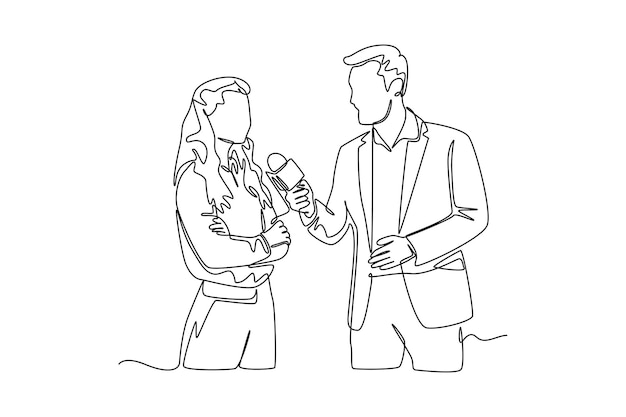 Dibujo continuo de una línea presentador de noticias masculino entrevista a una mujer Concepto de presentador de noticias Diseño de dibujo de línea única ilustración gráfica vectorial