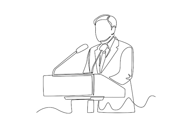 Dibujo continuo de una línea El presidente se para detrás de la tribuna y da un discurso en el Foro Global Ilustración gráfica vectorial de diseño de dibujo de una sola línea