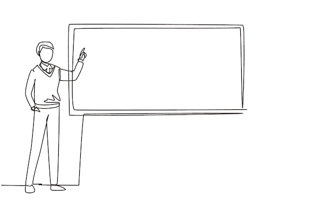 Un dibujo continuo de una línea de una profesora de enseñanza de pie frente al vector de enseñanza de la pizarra.