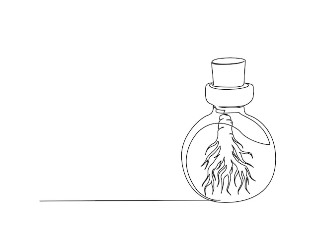 Dibujo continuo de una línea de raíz de ginseng en la botella