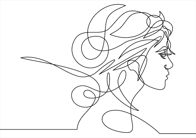 Dibujo continuo de una línea Retrato abstracto de cara de mujer romántica Ilustración vectorial