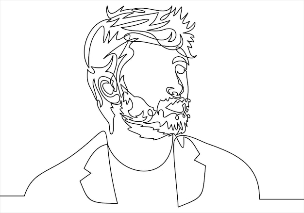 Dibujo continuo de una línea de retrato hipster de hombre Peinado de barba bigote flequillo