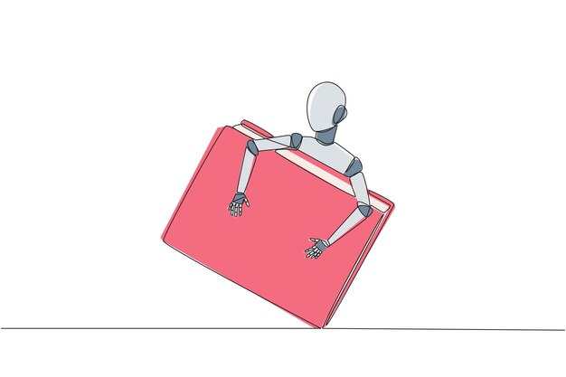 Un dibujo continuo de una línea robot abrazando libro leer añadir visión aumentar el conocimiento como los humanos