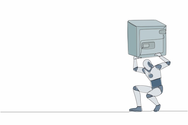 Dibujo continuo de una línea robot cansado llevando una caja fuerte pesada en su espalda vector de diseño