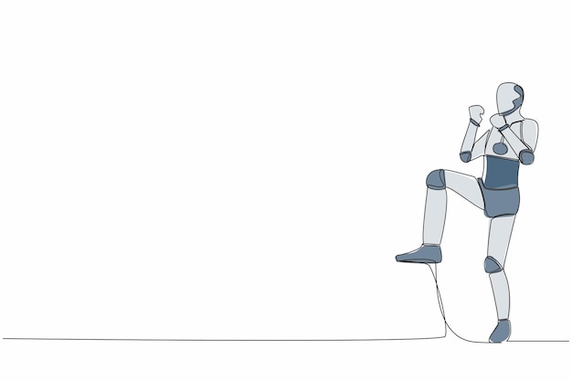 Dibujo continuo de una línea de un robot feliz de pie con una pierna levantada y haciendo un gesto de sí