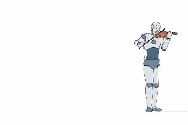 Un dibujo continuo de una línea robot músico tocando el violín una ilustración de un instrumento musical clásico