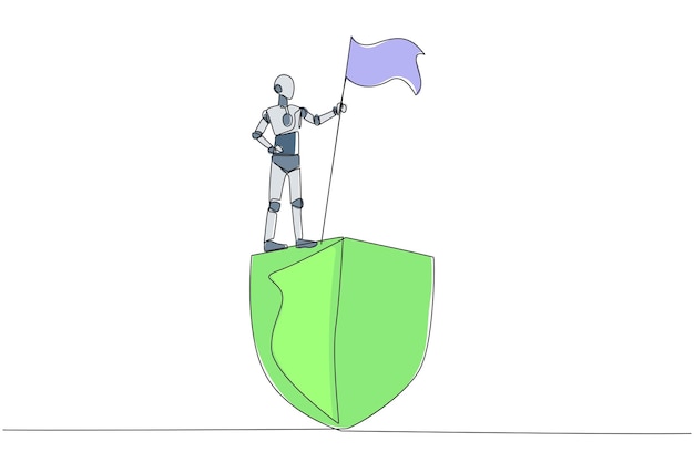 Dibujo continuo de una línea de robótica de pie en un escudo gigante sosteniendo una bandera revoloteante vector de diseño