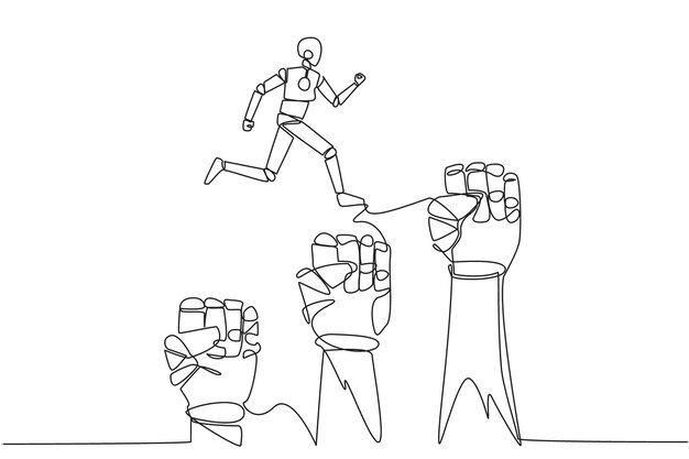 Un dibujo continuo de una línea robótico corriendo saltando sobre tres grandes puños apretados vector de diseño