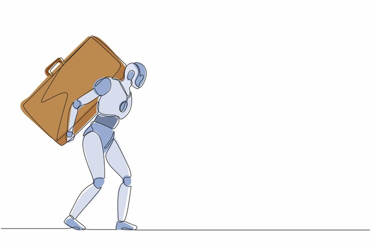 Vector un dibujo continuo de una línea de robots de pie y cargando un maletín pesado y enorme ilustración vectorial