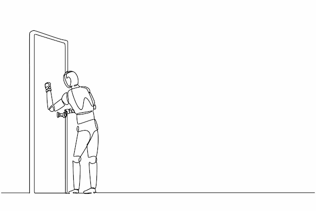 Un dibujo continuo de una línea de robots de pie frente a las habitaciones y golpeando las puertas gráfico vectorial