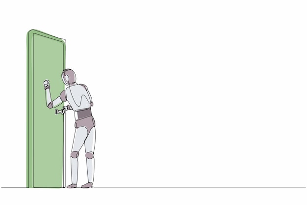 Un dibujo continuo de una línea de robots de pie frente a las habitaciones y golpeando las puertas gráfico vectorial