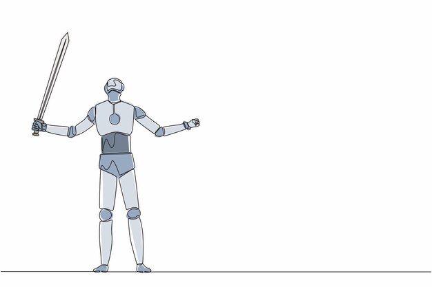 Un dibujo continuo de una línea robots de pie y levantando una gran espada robot humanoide cibernético