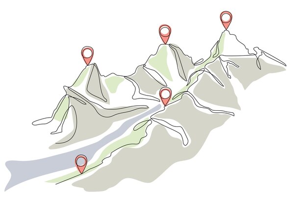 Vector dibujo continuo de una línea de ruta en las montañas con punteros de ubicación navegación gps y concepto de viaje trazo editable fondo de línea de pin de mapa concepto de viaje dibujo vectorial en estilo lineal