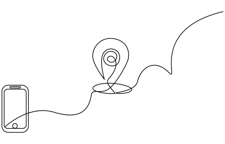 Vector dibujo continuo de una línea de la ruta y los punteros de ubicación pines simples en el camino entre dos puntos