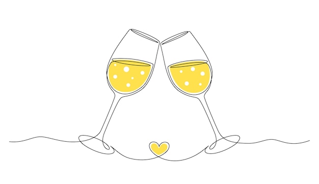 Dibujo continuo de una línea de saludos dos copas con champagne concepto de brindis romántico con corazón s ...